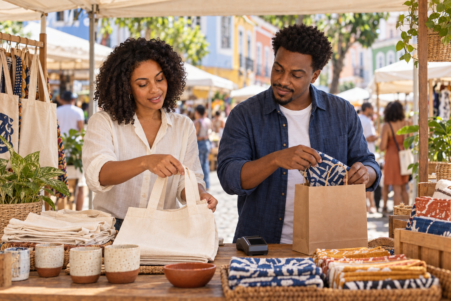 Pequenos empreendedores atendendo cliente em barraca de artesanato na feira