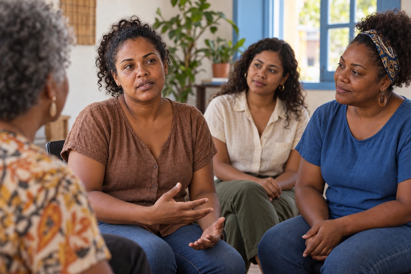 Roda de conversa entre mulheres em espaço de acolhimento