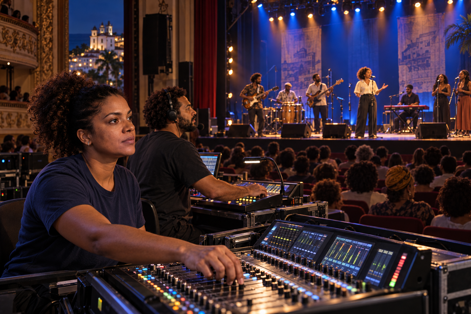 Equipe técnica de som e luz operando a mesa durante show em teatro cheio