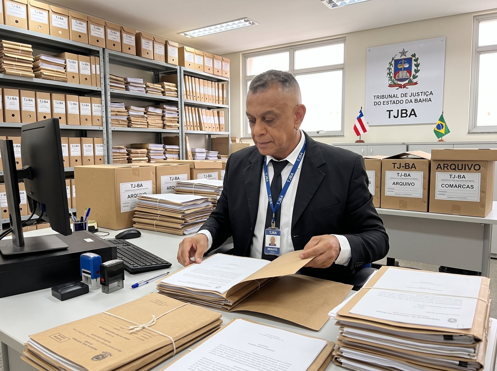 Renato Piaba em serviço, analisando processos no arquivo do Tribunal de Justiça da Bahia